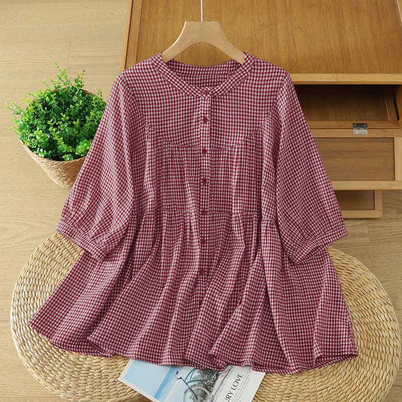 Buddha Stones Zomerse casual vintage button-up rode geruite Ronde hals met ronde hals en Korte mouw Overhemden - Indisch Rood - US12, UK/AU16, EU44 (XL) - image 0