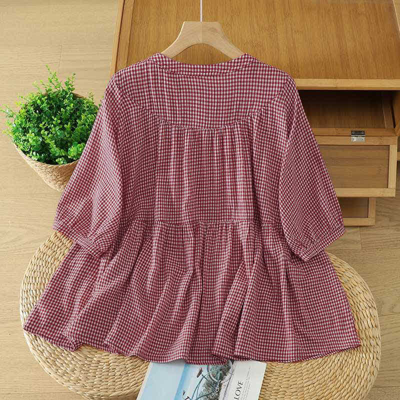 Buddha Stones Zomerse casual vintage button-up rode geruite Ronde hals met ronde hals en Korte mouw Overhemden - image 1