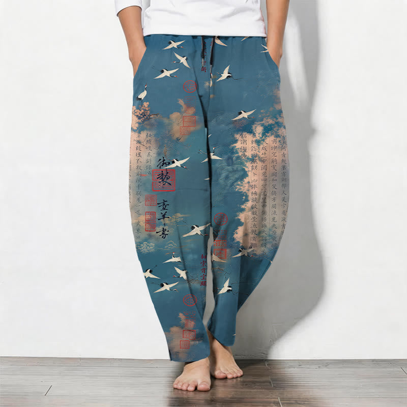 Buddha Stones Getailleerde herenbroek van 100% Cotton met Zakken en zakken, met kraanvogel- en wolkenmotief en kalligrafieprint. - Teal - US/UK/AU50, EU60 (5XL) - image 0