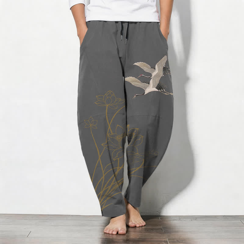 Buddha Stones Getailleerde herenbroek van 100% Cotton met trekkoord, kraanvogel- en lotusmotief en Zakken . - Donkergrijs - US/UK/AU50, EU60 (5XL) - image 0