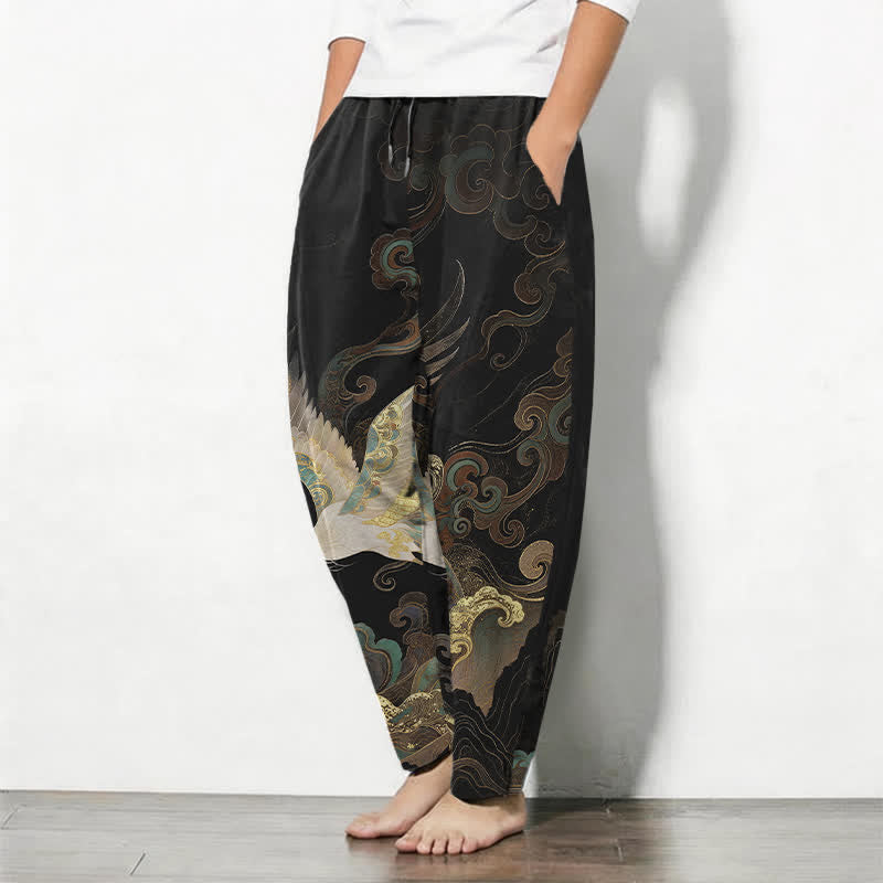 Buddha Stones Getailleerde herenbroek van 100% Cotton met trekkoord, kraanvogel-, wolken- en golfpatroon en Zakken. - image 1
