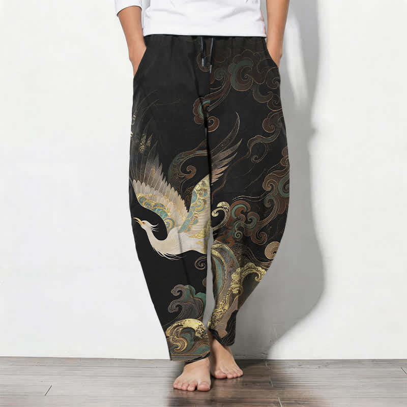 Buddha Stones Getailleerde herenbroek van 100% Cotton met trekkoord, kraanvogel-, wolken- en golfpatroon en Zakken. - Zwart - US/UK/AU50, EU60 (5XL) - image 0