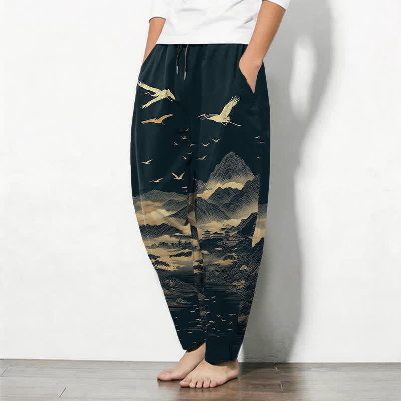 Buddha Stones Herenbroek van 100% Cotton met trekkoord, kraanvogelpatroon en Zakken. - image 1