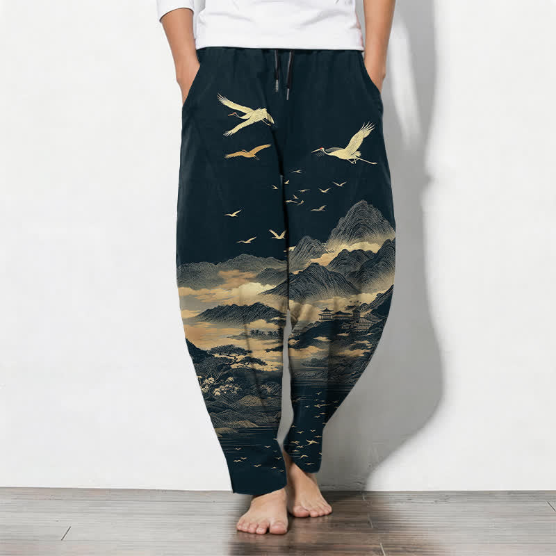 Buddha Stones Herenbroek van 100% Cotton met trekkoord, kraanvogelpatroon en Zakken. - Middernachtblauw - US/UK/AU50, EU60 (5XL) - image 0