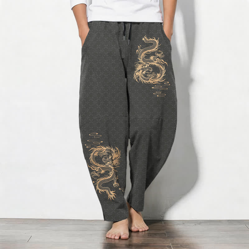 Buddha Stones Herenbroek van 100% Cotton met gouden drakenpatroon, trekkoord en taps toelopende pijpen, inclusief Zakken. - Donkergrijs - US/UK/AU50, EU60 (5XL) - image 0