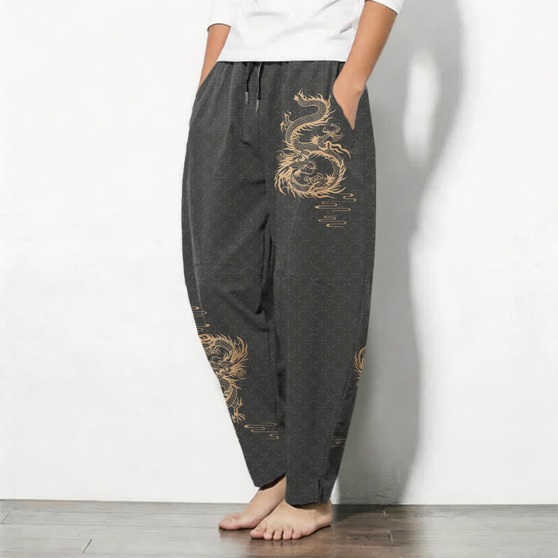 Buddha Stones Herenbroek van 100% Cotton met gouden drakenpatroon, trekkoord en taps toelopende pijpen, inclusief Zakken. - image 1