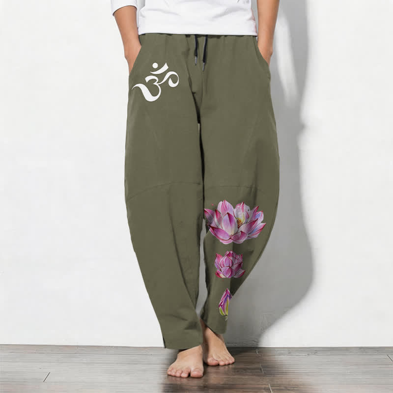 Buddha Stones 100% Cotton herenbroek met Zakken en zakken, met lotus- en Om-patroon, trekkoord. - Olijfgroen - US/UK/AU50, EU60 (5XL) - image 0