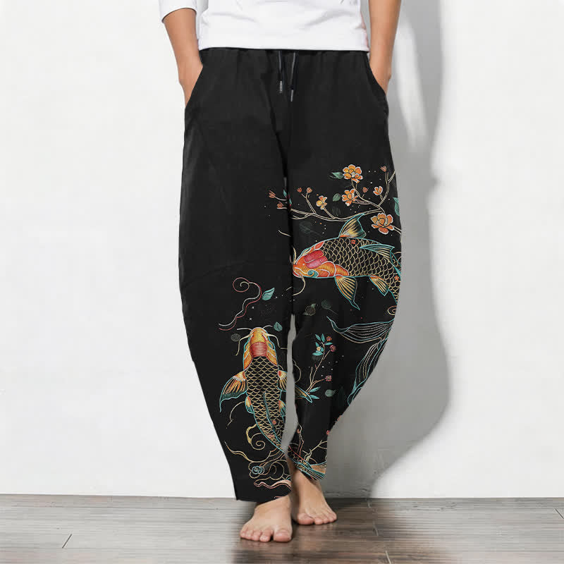 Buddha Stones 100% Cotton katoenen herenbroek met koivissen- en bloemenpatroon, trekkoord en Zakken. - Zwart - US/UK/AU50, EU60 (5XL) - image 0