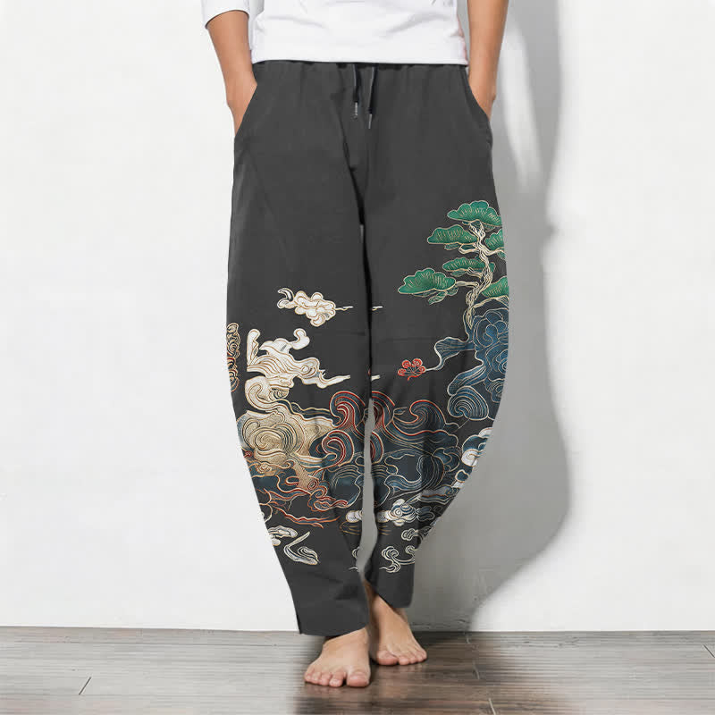 Buddha Stones Taps toelopende herenbroek van puur 100% Cotton met wolken- en dennengolfpatroon, trekkoord en Zakken. - Donkergrijs - US/UK/AU50, EU60 (5XL) - image 0
