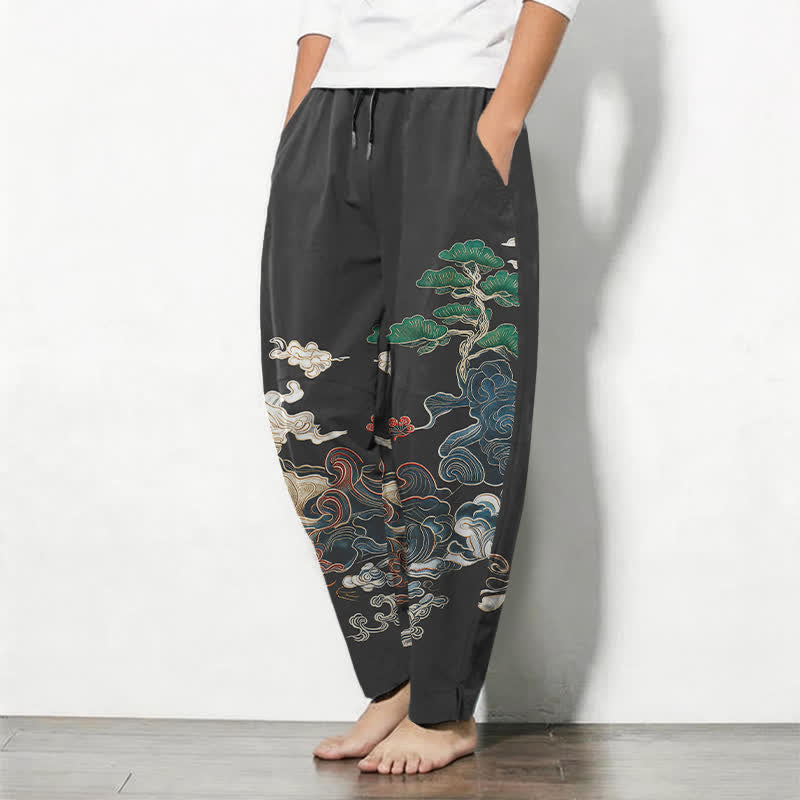 Buddha Stones Taps toelopende herenbroek van puur 100% Cotton met wolken- en dennengolfpatroon, trekkoord en Zakken. - image 1