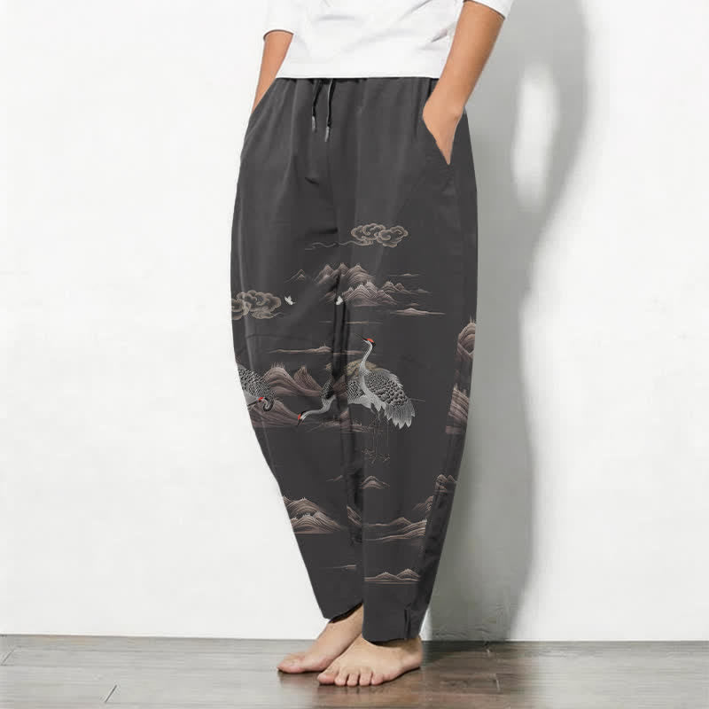Buddha Stones Getailleerde herenbroek van 100% Cotton met Zakken , kraanvogel-, wolken- en bergpatroon en zakken. - image 1