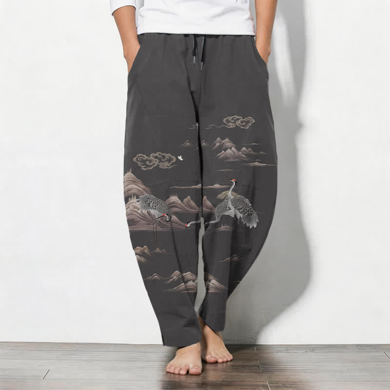 Buddha Stones Getailleerde herenbroek van 100% Cotton met Zakken , kraanvogel-, wolken- en bergpatroon en zakken. - Donkergrijs - US/UK/AU50, EU60 (5XL) - image 0