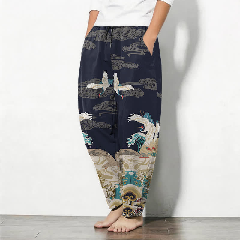 Buddha Stones Getailleerde herenbroek van 100% Cotton met trekkoord, kraanvogel- en wolkenpatroon en Zakken. - image 1