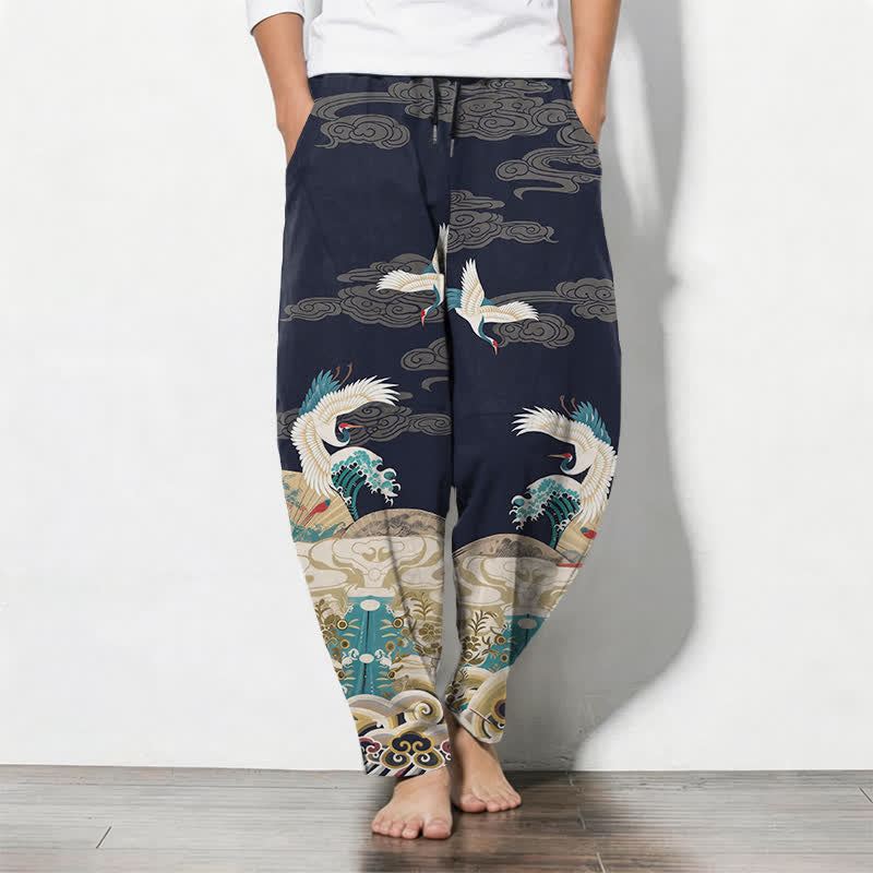 Buddha Stones Getailleerde herenbroek van 100% Cotton met trekkoord, kraanvogel- en wolkenpatroon en Zakken. - Marine - US/UK/AU50, EU60 (5XL) - image 0