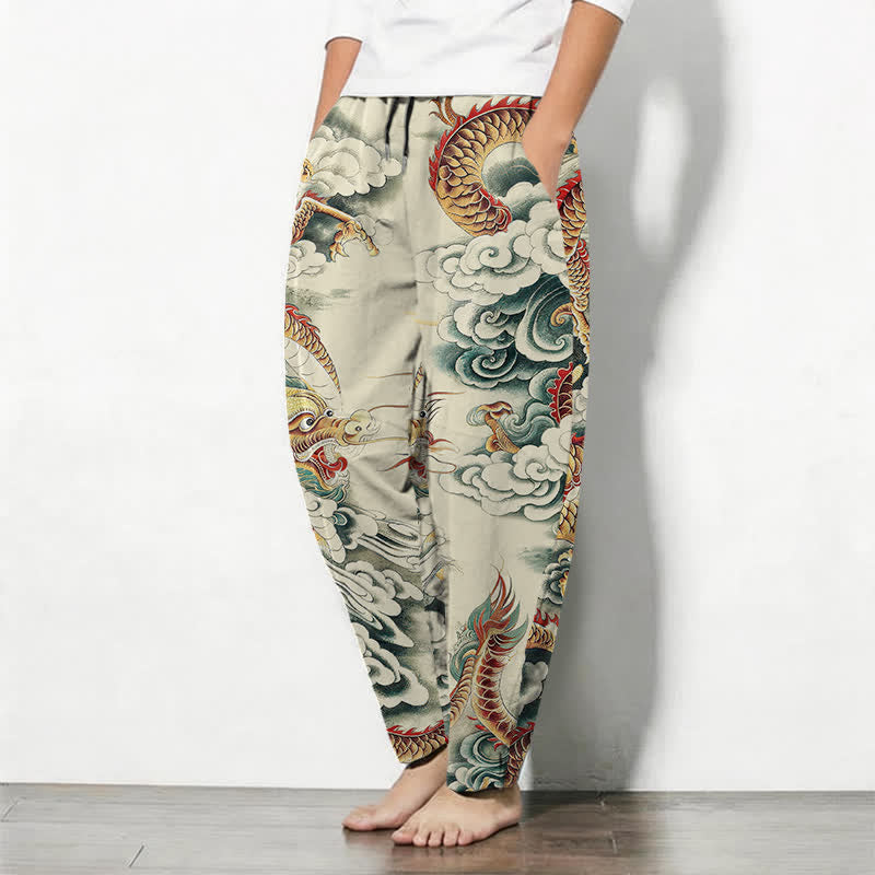 Buddha Stones Herenbroek van 100% Cotton met Zakken en zakken, met wolken- en drakenpatroon. - image 1