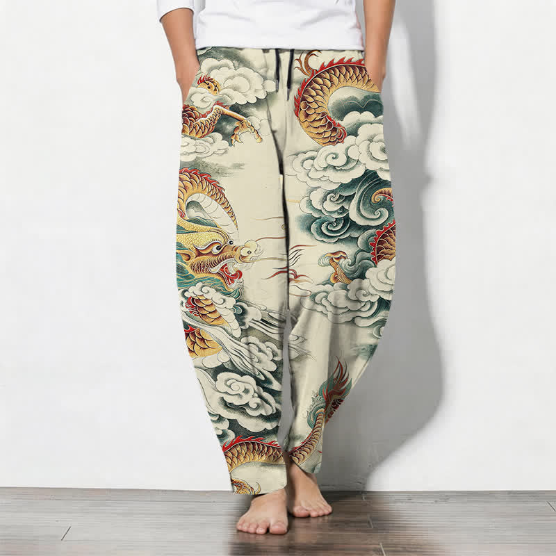 Buddha Stones Herenbroek van 100% Cotton met Zakken en zakken, met wolken- en drakenpatroon. - Beige - US/UK/AU50, EU60 (5XL) - image 0