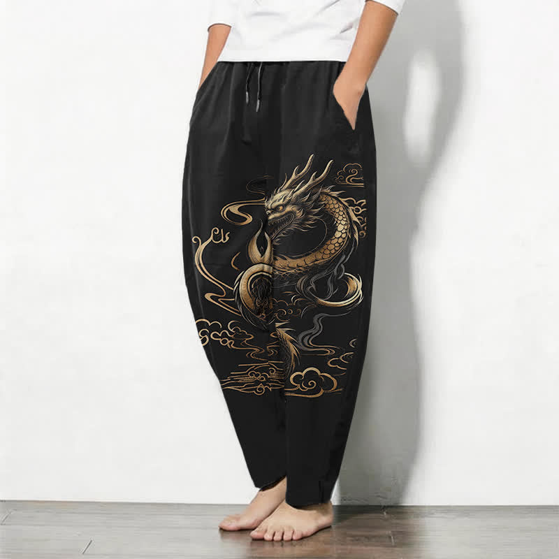 Buddha Stones Herenbroek van 100% Cotton met gouden draak- en wolkenpatroon, trekkoord en Zakken. - image 1