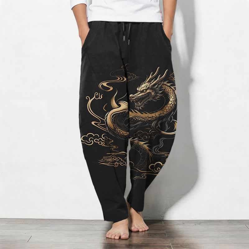Buddha Stones Herenbroek van 100% Cotton met gouden draak- en wolkenpatroon, trekkoord en Zakken. - Zwart - US/UK/AU50, EU60 (5XL) - image 0