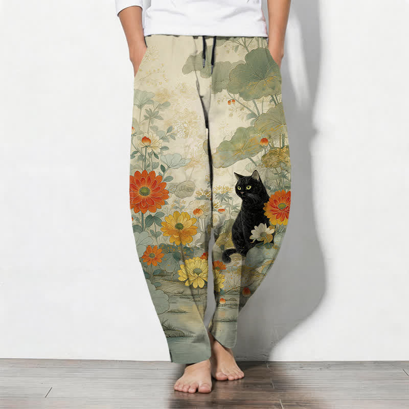 Buddha Stones 100% Cotton herenbroek met trekkoord, bloemenpatroon van een zwarte kat en Zakken . - Lichtgoudenroede - US/UK/AU50, EU60 (5XL) - image 0