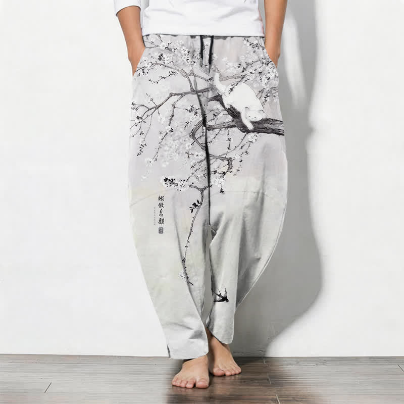 Buddha Stones 100% Cotton herenbroek met inktprint van een pruimenkat en taps toelopende pijpen, met Zakken. - Lichtgrijs - US/UK/AU50, EU60 (5XL) - image 0