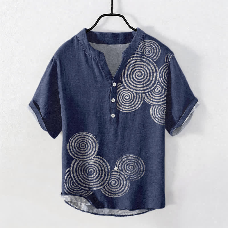 Buddha Stones Katoenen herenoverhemd met spiraalvormig cirkelpatroon , Korte mouw en halve knoopsluiting. - Marine - US/UK/AU50, EU60 (5XL) - image 0