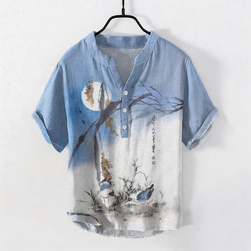 Buddha Stones Katoenen herenoverhemd met maan- en vogelpatroon , Korte mouw en halve knoopsluiting. - Lichtblauw - US/UK/AU50, EU60 (5XL) - image 0