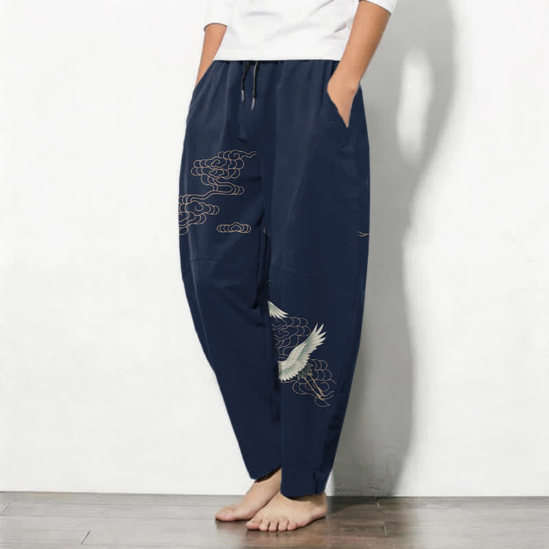 Buddha Stones Herenbroek van 100% Cotton met trekkoord, kraanvogel- en wolkenpatroon en Zakken. - image 1