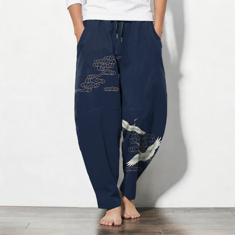 Buddha Stones Herenbroek van 100% Cotton met trekkoord, kraanvogel- en wolkenpatroon en Zakken. - Marine - US/UK/AU50, EU60 (5XL) - image 0