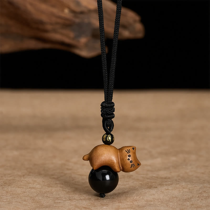 Buddha Stones Sandelhout Kat Zwarte Obsidiaan Kraal Om Mani Padme Hum Kraal Beschermingskoord Ketting - Sandelhout en zwarte obsidiaan - image 0