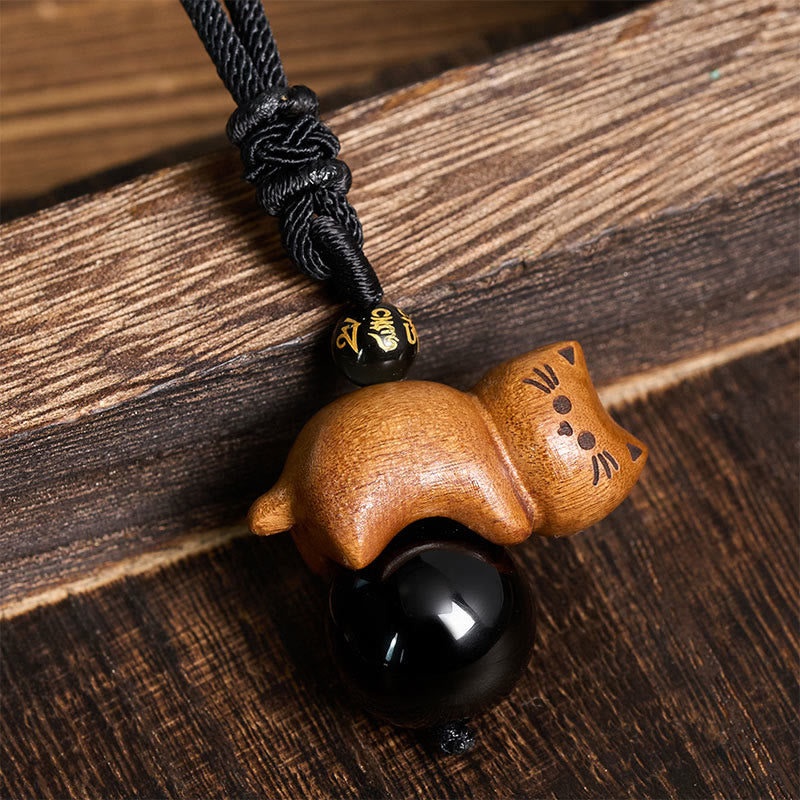 Buddha Stones Sandelhout Kat Zwarte Obsidiaan Kraal Om Mani Padme Hum Kraal Beschermingskoord Ketting - image 1
