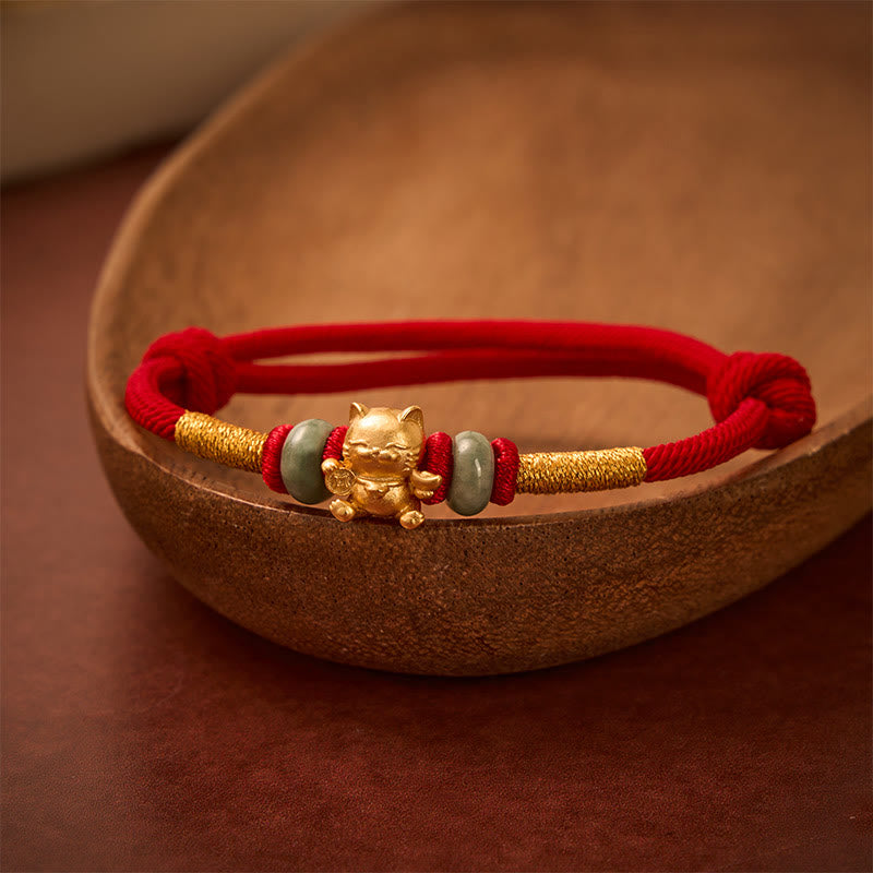 Buddha Stones Handgeweven armband met rode koordjes en gelukskatjes- Armband. - image 3