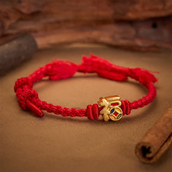 Buddha Stones Verstelbare Armband met rood koord en Fu-karakter - Rood (Polsomtrek: 14–17 cm) - image 0