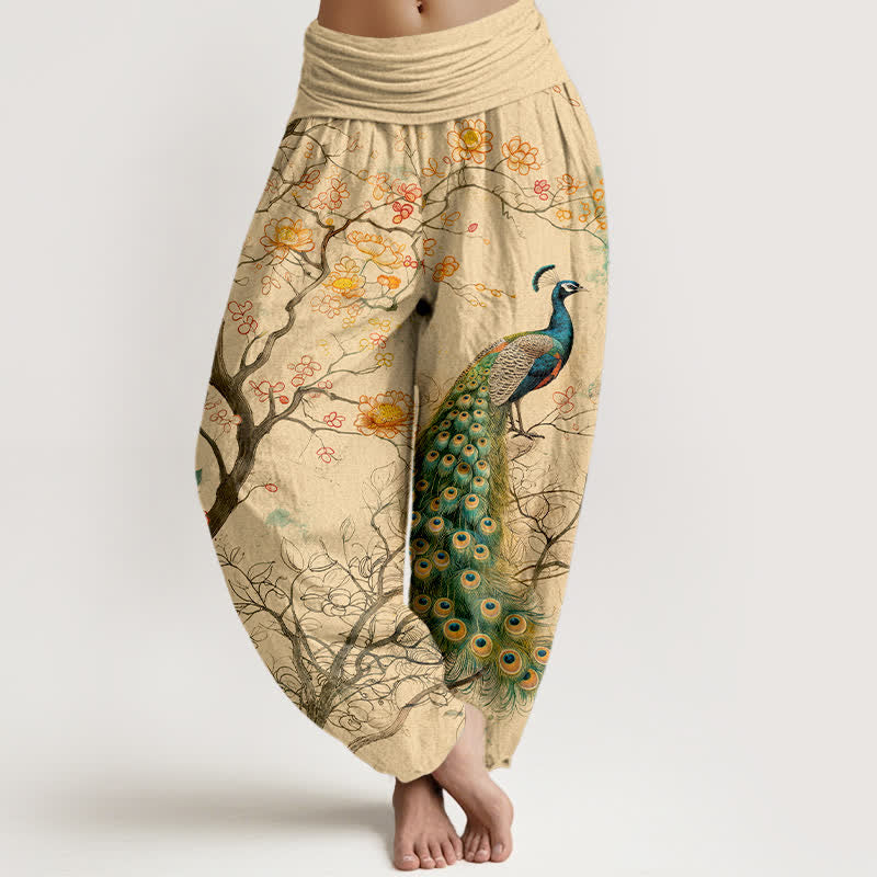 Buddha Stones Dames harembroek met elastische Taille en pauwen-, bloemen- en takkenpatroon - Tarwe - US16, UK/AU20, EU48 (3XL) - image 0