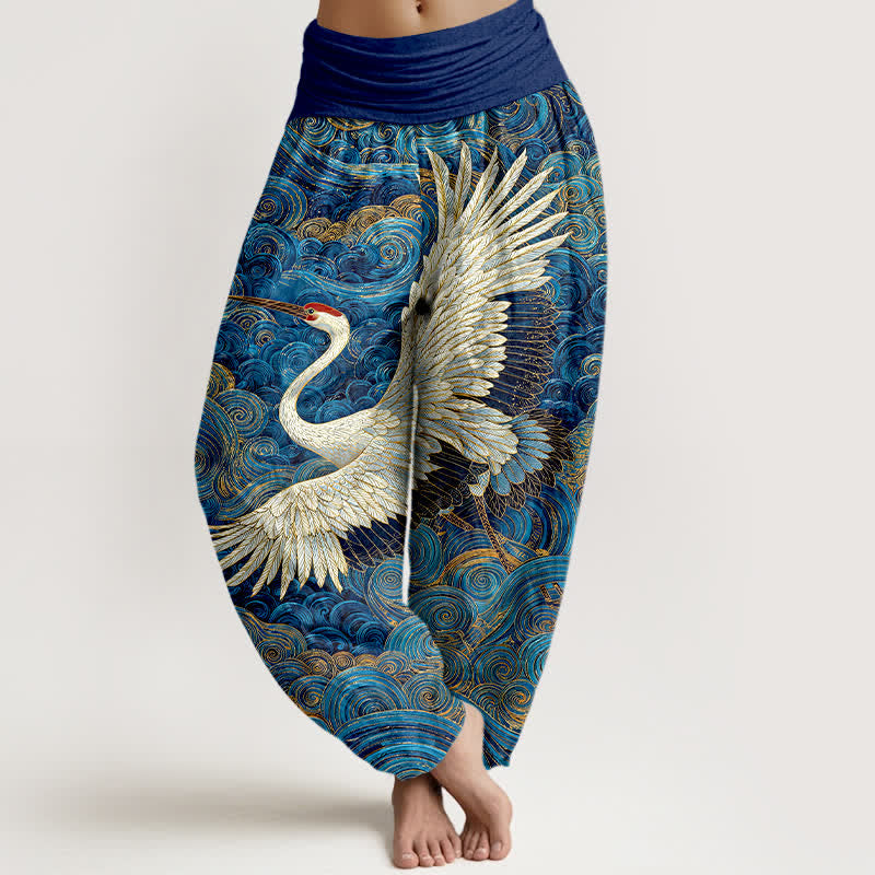 Buddha Stones Witte katoenen harembroek met kraanvogel- en golfpatroon voor dames, elastische Taille - Koningsblauw - US16, UK/AU20, EU48 (3XL) - image 0