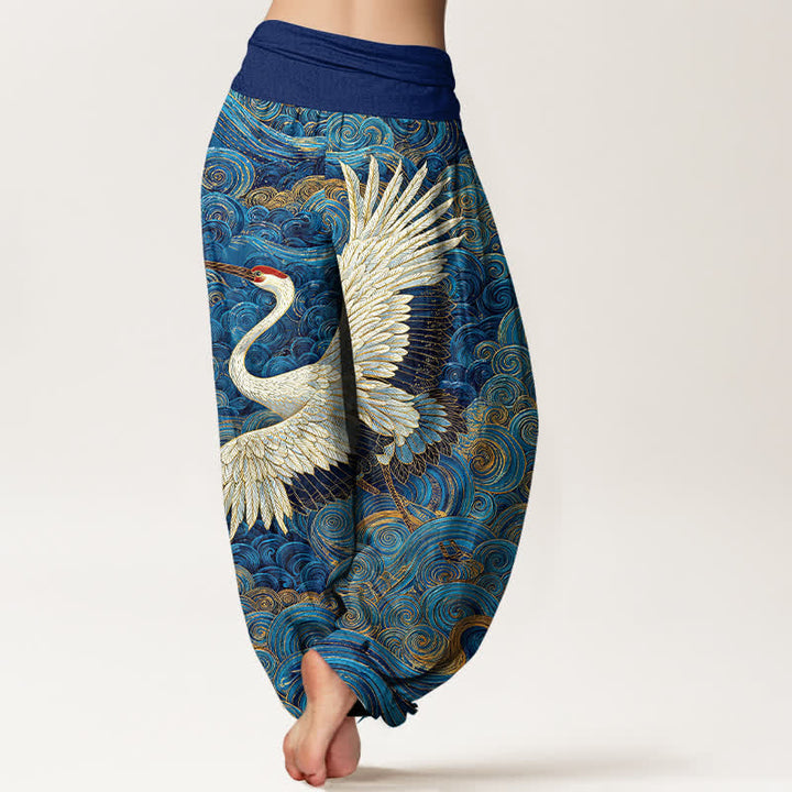 Buddha Stones Witte katoenen harembroek met kraanvogel- en golfpatroon voor dames, elastische Taille - image 1