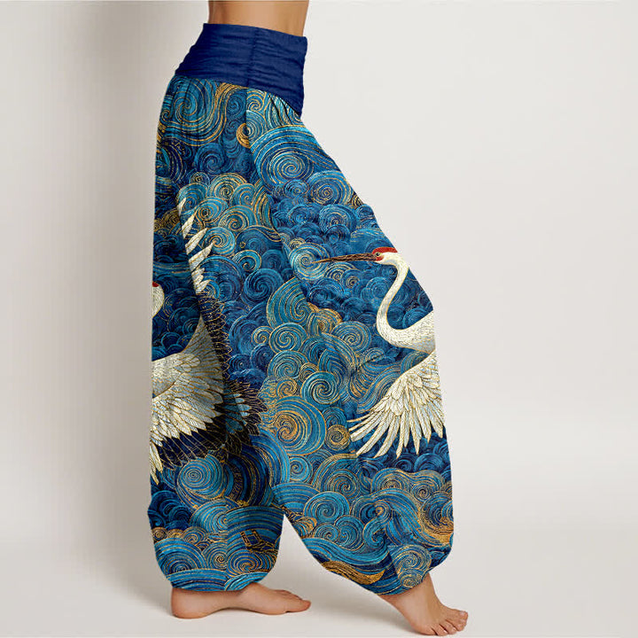 Buddha Stones Witte katoenen harembroek met kraanvogel- en golfpatroon voor dames, elastische Taille - image 2
