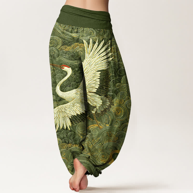 Buddha Stones Witte katoenen harembroek met kraanvogel- en golfpatroon voor dames, elastische Taille - image 6