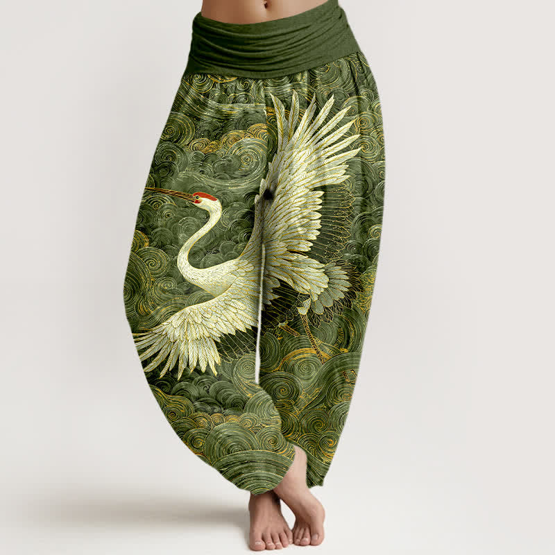 Buddha Stones Witte katoenen harembroek met kraanvogel- en golfpatroon voor dames, elastische Taille - Groente - US16, UK/AU20, EU48 (3XL) - image 5