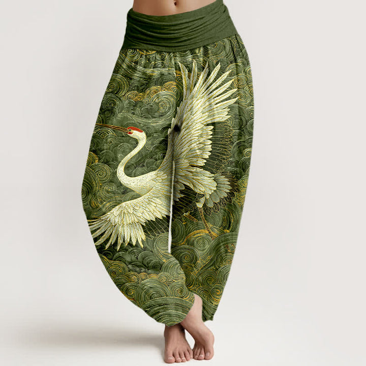 Buddha Stones Witte katoenen harembroek met kraanvogel- en golfpatroon voor dames, elastische Taille - Groente - US16, UK/AU20, EU48 (3XL) - image 5