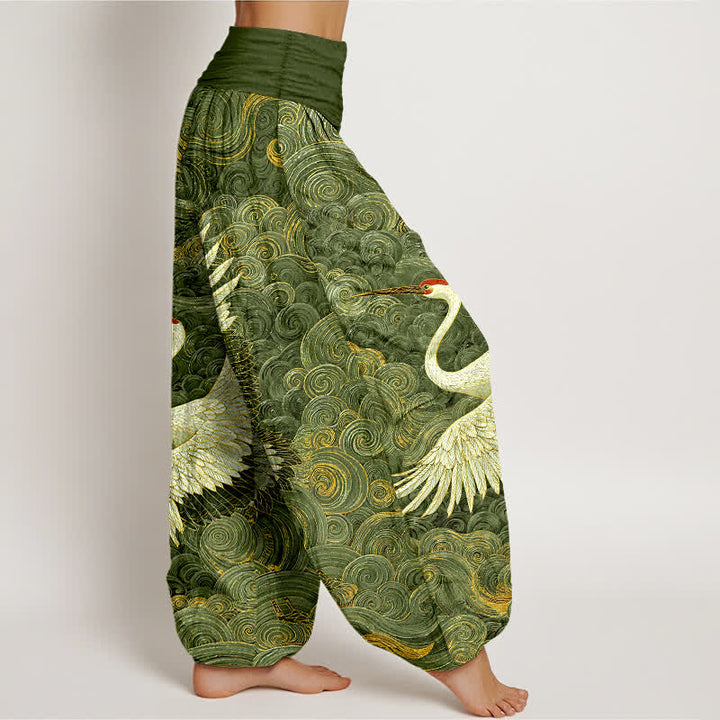 Buddha Stones Witte katoenen harembroek met kraanvogel- en golfpatroon voor dames, elastische Taille - image 7