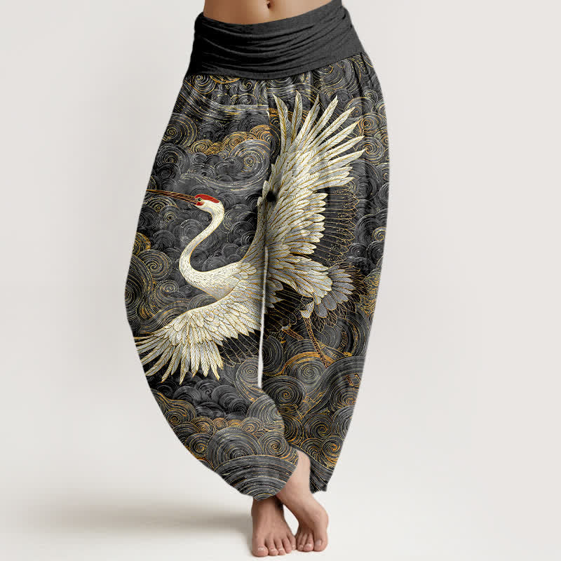 Buddha Stones Witte katoenen harembroek met kraanvogel- en golfpatroon voor dames, elastische Taille - Donkergrijs - US16, UK/AU20, EU48 (3XL) - image 8