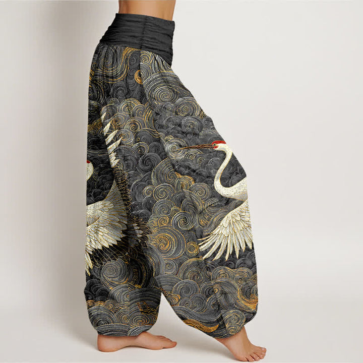 Buddha Stones Witte katoenen harembroek met kraanvogel- en golfpatroon voor dames, elastische Taille - image 10