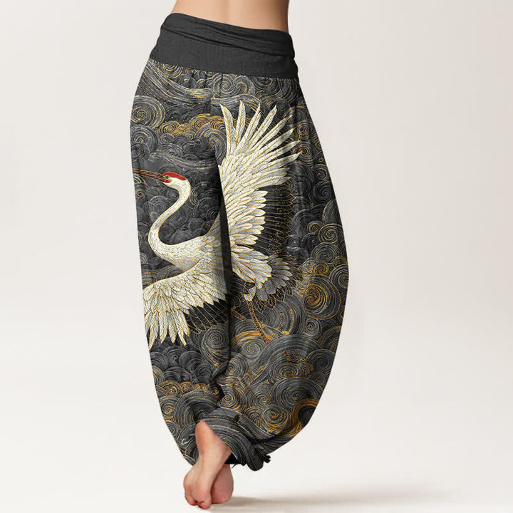 Buddha Stones Witte katoenen harembroek met kraanvogel- en golfpatroon voor dames, elastische Taille - image 9