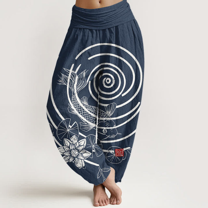 Buddha Stones Dames harembroek met elastische Taille en koi-vis- en lotusmotief - Marine - US16, UK/AU20, EU48 (3XL) - image 0