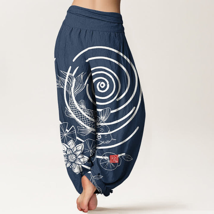 Buddha Stones Dames harembroek met elastische Taille en koi-vis- en lotusmotief - image 1