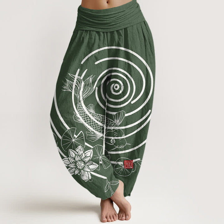 Buddha Stones Dames harembroek met elastische Taille en koi-vis- en lotusmotief - Bosgroen - US16, UK/AU20, EU48 (3XL) - image 5
