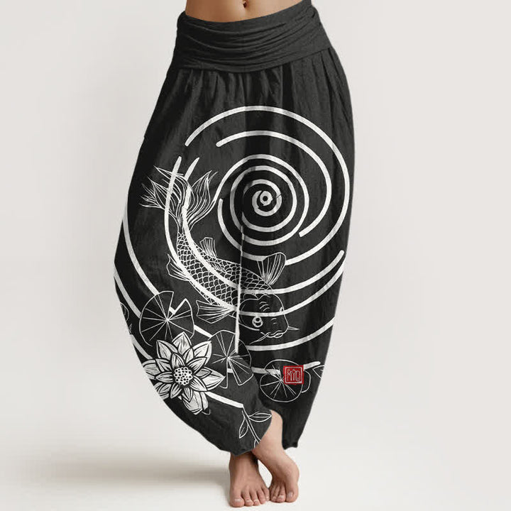 Buddha Stones Dames harembroek met elastische Taille en koi-vis- en lotusmotief - Zwart - US16, UK/AU20, EU48 (3XL) - image 8