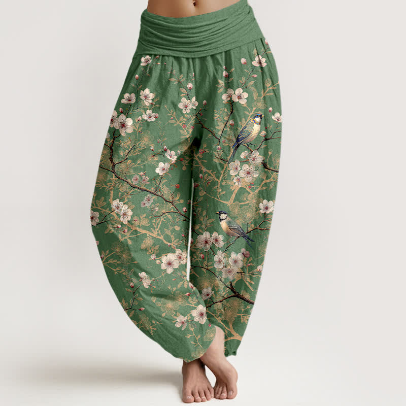 Buddha Stones Dames harembroek met elastische Taille en vogelbloesem- en takkenpatroon - Olijfgroen - US16, UK/AU20, EU48 (3XL) - image 8