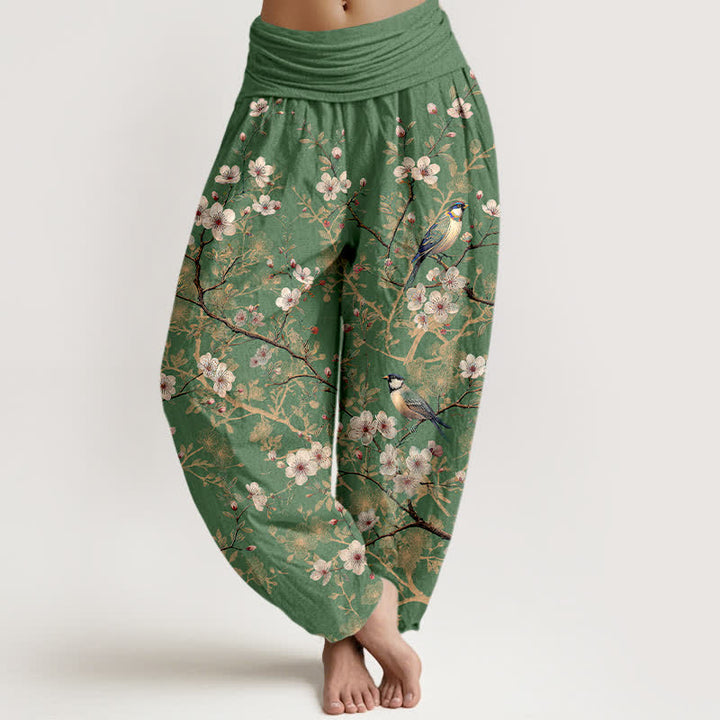 Buddha Stones Dames harembroek met elastische Taille en vogelbloesem- en takkenpatroon - Olijfgroen - US16, UK/AU20, EU48 (3XL) - image 8