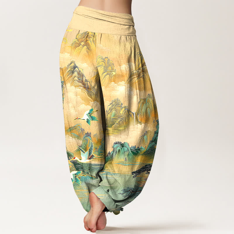 Buddha Stones Dames harembroek met elastische Taille en oosters landschapsmotief met rode kraanvogel - image 1